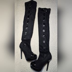 Colin Stuart Black with Side Bows Thigh High Stiletto Heel Boots, Size 8